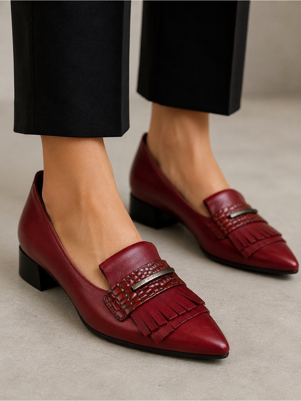 Hispanitas Burgundy Leather Fringe Pumps Pointed Toe Block Heel Spain EU 39